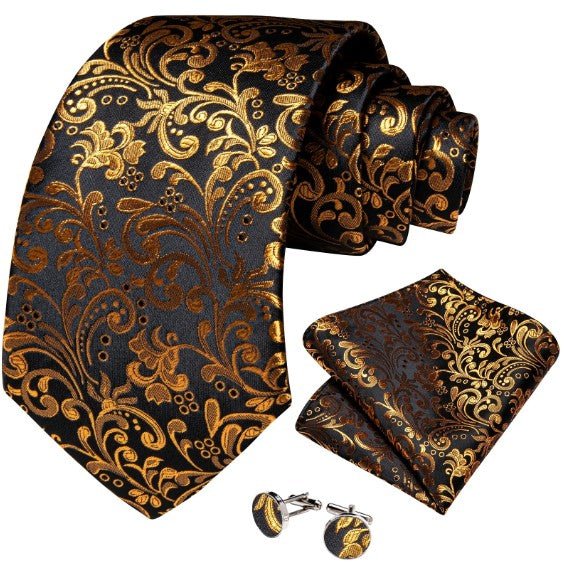 Luxury Gold Floral Tie Set in Black - Masculine Clothes