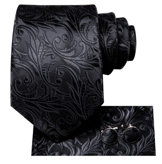 Luxury Black Floral Tie, Pocket Square and Cufflinks - Masculine Clothes