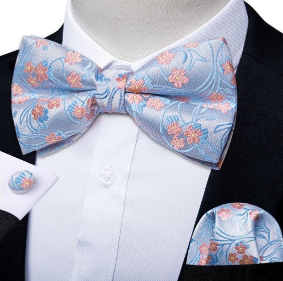Ice Blue and Pink Floral Bow Tie Set - Masculine Clothes