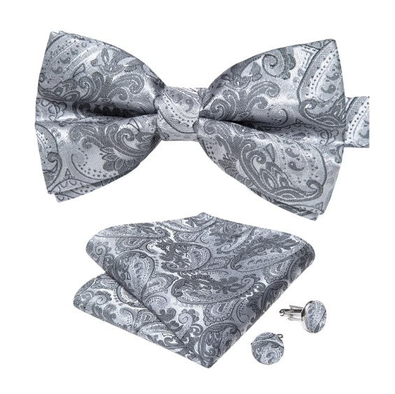 Silver Floral Paisley Bow Tie Set - Masculine Clothes