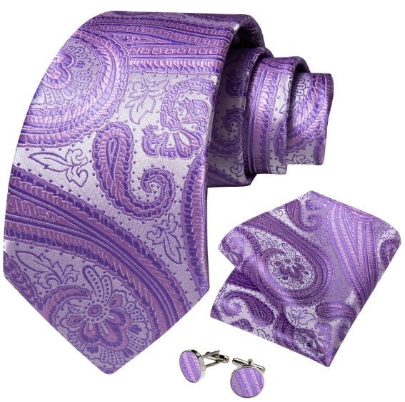 Purple Floral Paisley Tie, Pocket Square and Cufflinks - Masculine Clothes