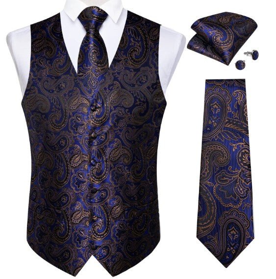 Royal Blue Gold Paisley Vest Set - Masculine Clothes