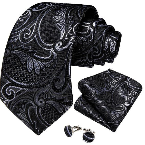 White Leaves Paisley Tie Set In Black - Masculine Clothes
