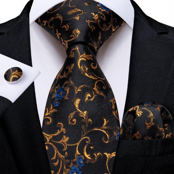 Blue Flowers tie Set In Gold Leaves - Masculine Clothes