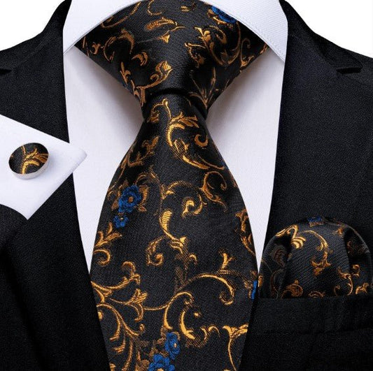 Blue Flowers tie Set In Gold Leaves - Masculine Clothes