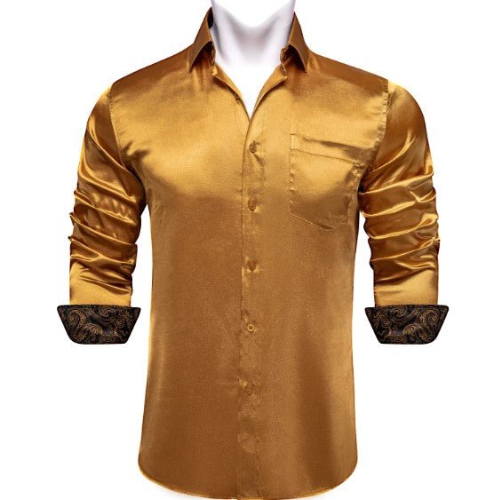 Gold Floral Plain Silk Shirt - Masculine Clothes
