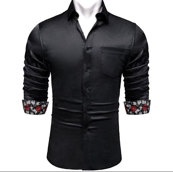 Red Roses In Black Silk Shirt - Masculine Clothes