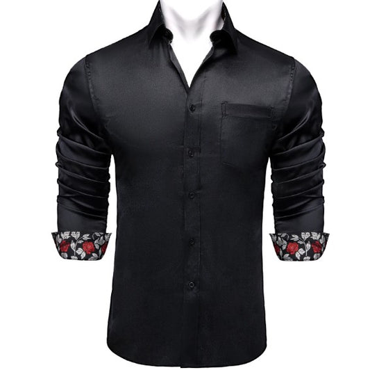 Red Roses In Black Silk Shirt - Masculine Clothes