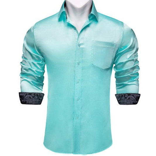 Mint Blue Plain Silk Shirt - Masculine Clothes