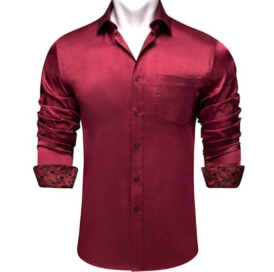 Burgundy Floral Plain Silk Shirt - Masculine Clothes