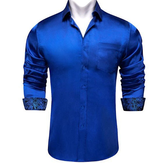 Royal Blue Floral Plain Silk Shirt - Masculine Clothes