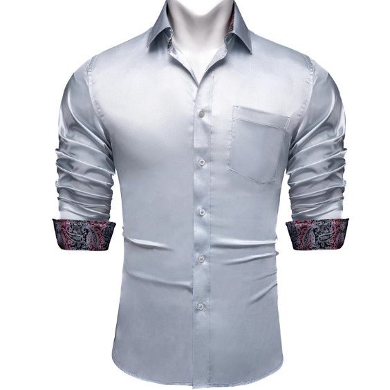 Red and Black In Silver Plain Silk Shirt - Masculine Clothes
