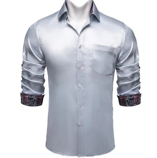 Red and Black In Silver Plain Silk Shirt - Masculine Clothes
