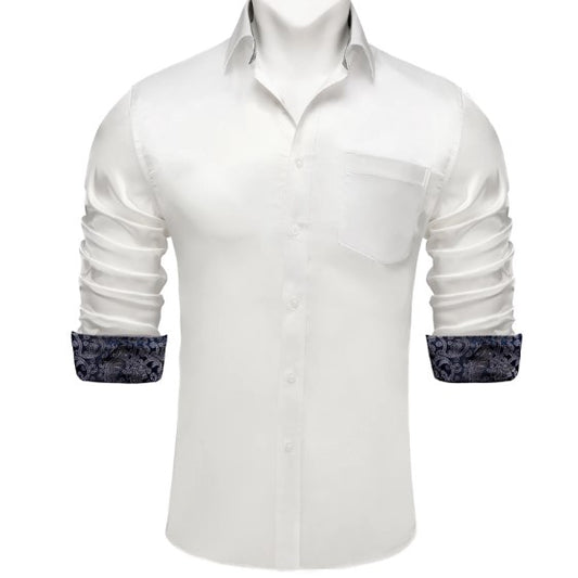 White Plain with Gray Floral Silk Shirt - Masculine Clothes