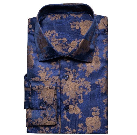 Golden Brown Floral In Blue Silk Shirt - Masculine Clothes
