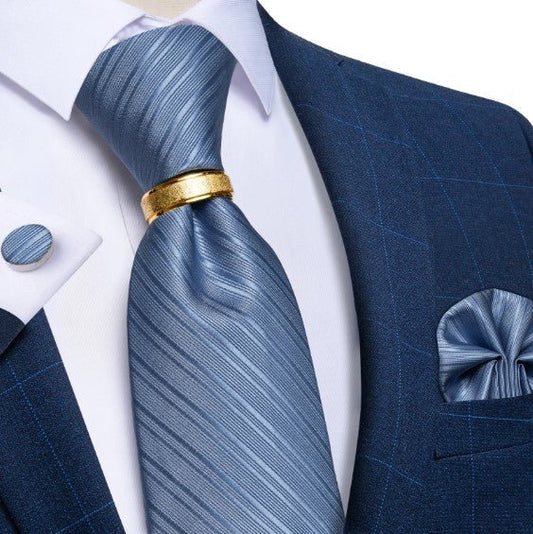 Blue Lines Tie Ring, Pocket Square and Cufflinks - Masculine Clothes