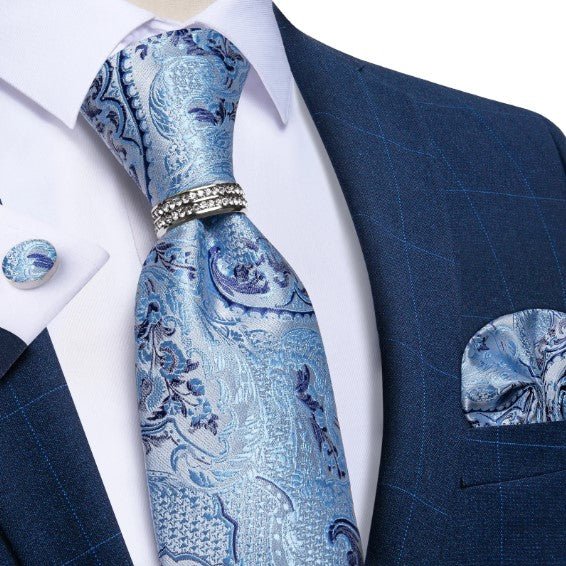 Light Blue Tie Ring, Pocket Square and Cufflinks - Masculine Clothes
