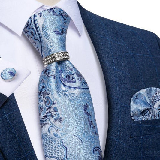 Light Blue Tie Ring, Pocket Square and Cufflinks - Masculine Clothes