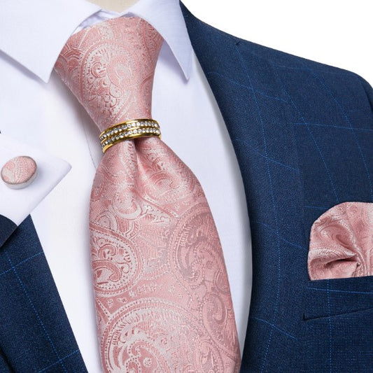 Peach Floral Tie Ring, Pocket Square and Cufflinks