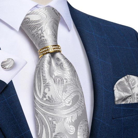 Silver Petal Silk Tie Ring, Pocket Square and Cufflinks - Masculine Clothes