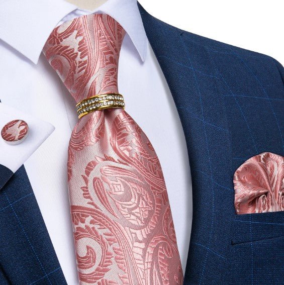 Pink Petals Silk Tie Ring, Pocket Square and Cufflinks - Masculine Clothes