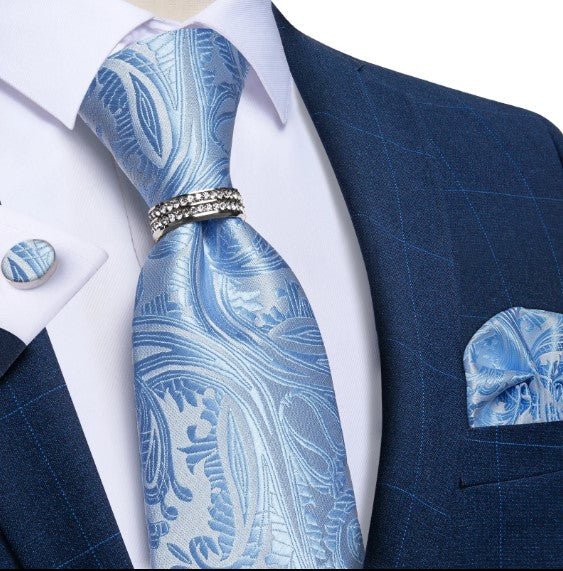 Blue Petals Silk Tie Ring, Pocket Square and Cufflinks - Masculine Clothes