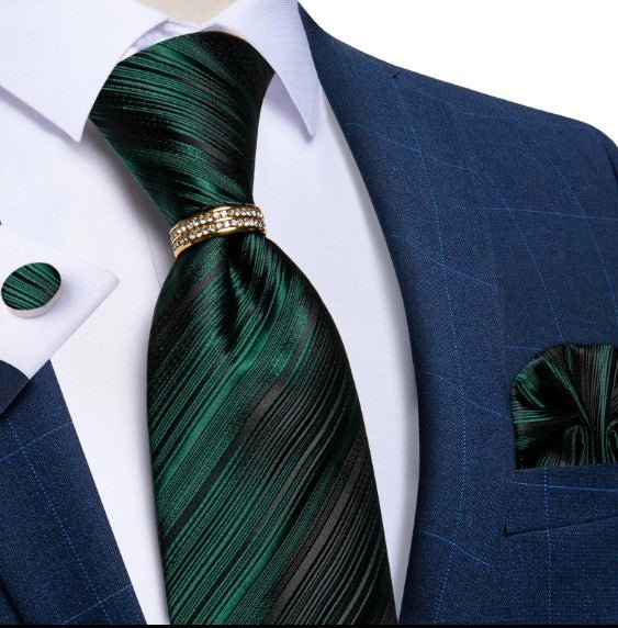 Green Lines Tie Ring, Pocket Square and Cufflinks - Masculine Clothes