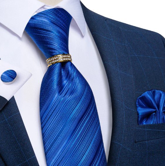 Royal Blue Lines Tie Ring, Pocket Square and Cufflinks - Masculine Clothes