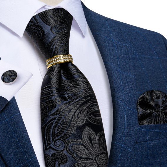 Midnight Blue and Black Floral Tie Ring, Pocket Square and Cufflinks - Masculine Clothes