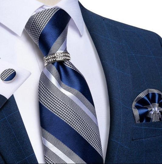 Blue Stripe Tie Ring, Pocket Square and Cufflinks - Masculine Clothes