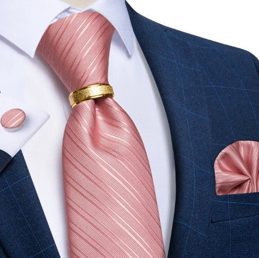 Pink Lines Tie Ring, Pocket Square and Cufflinks - Masculine Clothes