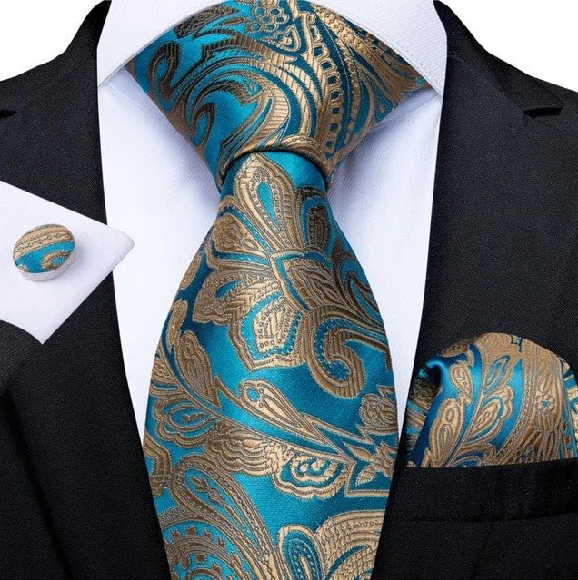 Aquamarine Floral Silk Tie Set - Masculine Clothes