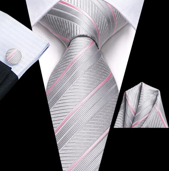 Pink and Silver Lines Tie Set - Masculine Clothes