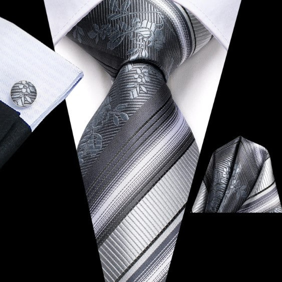White Striped with Flowers Tie Set - Masculine Clothes