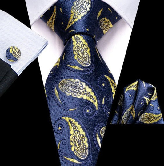 Yellow Leaves Paisley Tie Set In Blue - Masculine Clothes
