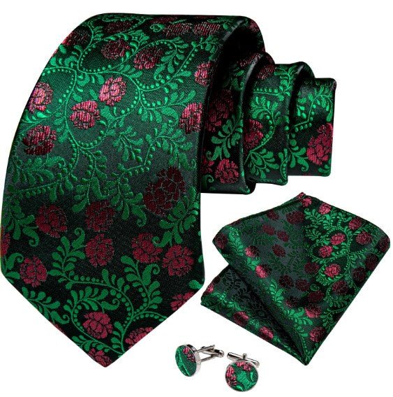 Red Flowers Tie Set In Green - Masculine Clothes