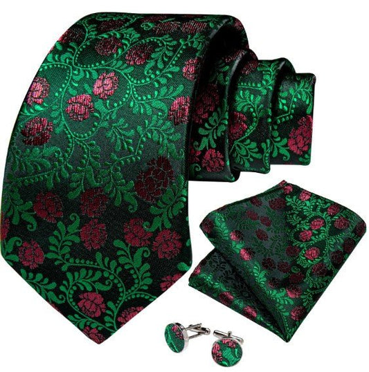 Red Flowers Tie Set In Green - Masculine Clothes