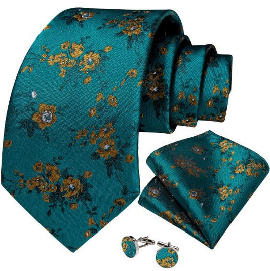Mustard Flowers Tie Set In Green - Masculine Clothes