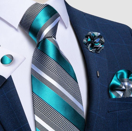 Teal and White Silk Striped Tie Set - Masculine Clothes