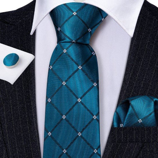 White Flowers In Blue Square Tie Set - Masculine Clothes