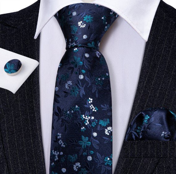 White and Green Floral Silk Tie Set - Masculine Clothes