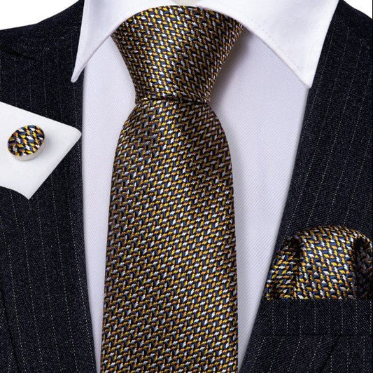 White Blue and Yellow Silk Tie Set - Masculine Clothes