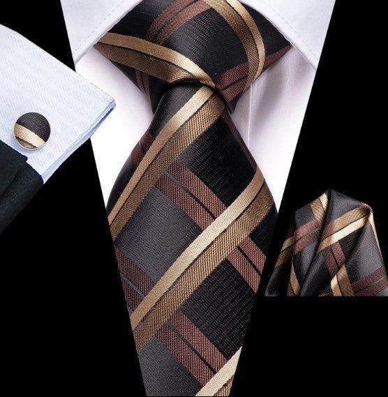 Chocolate Checkered Silk Tie Set - Masculine Clothes