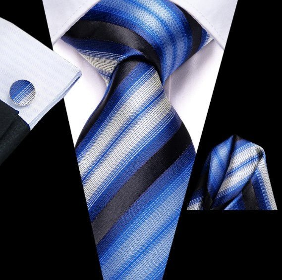 Blue, White and Black Stripes Tie Set - Masculine Clothes