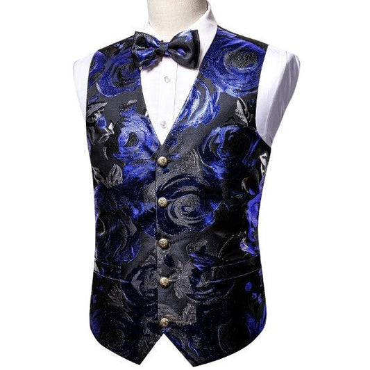 Blue Roses In Black Vest Set - Masculine Clothes