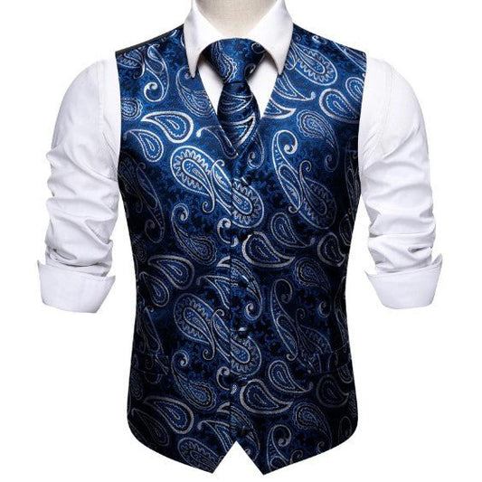 Blue and White Leaves Vest Set - Masculine Clothes