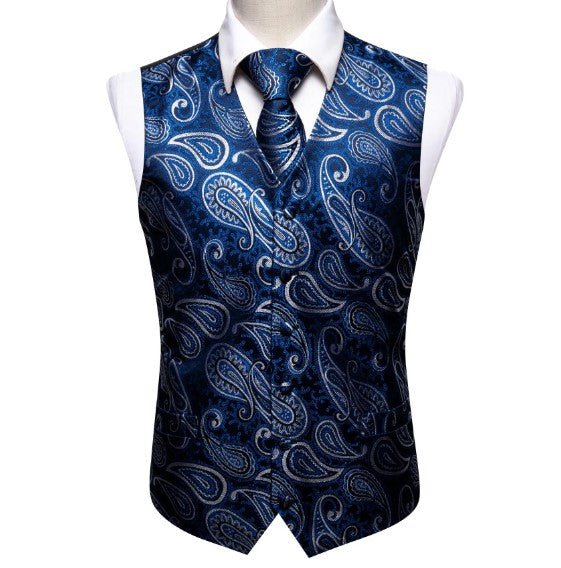 Blue and White Leaves Vest Set - Masculine Clothes