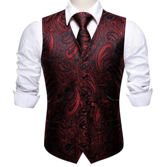 Burgundy Floral In Black Vest and Tie - Masculine Clothes
