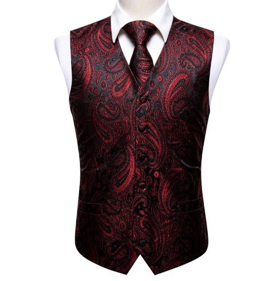Burgundy Floral In Black Vest and Tie - Masculine Clothes