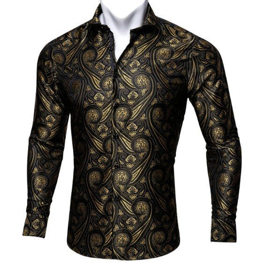 Brown and Black Leaves Silk Shirt - Masculine Clothes